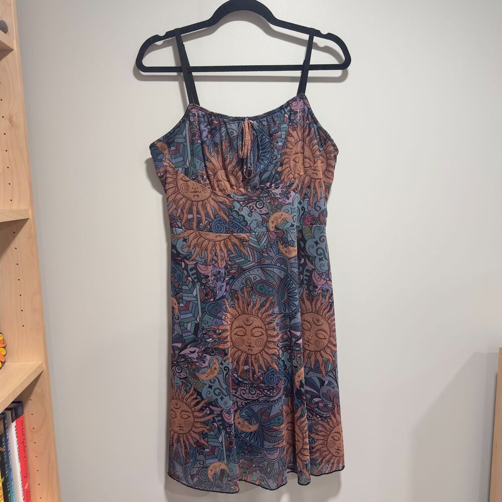 ROMWE Celestial Sun Moon Print Slip Dress Size 1XL Blue Boho Cottagecore